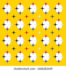 black blue gray red blink stars and white ellipses pattern on bright yellow background.