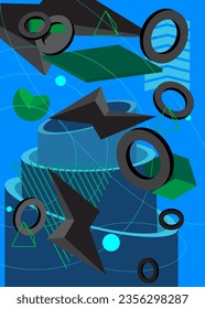 Black, blue and green geometrical graphic retro theme poster, cover. Minimal geometric shapes elements design. Vintage template for banner.