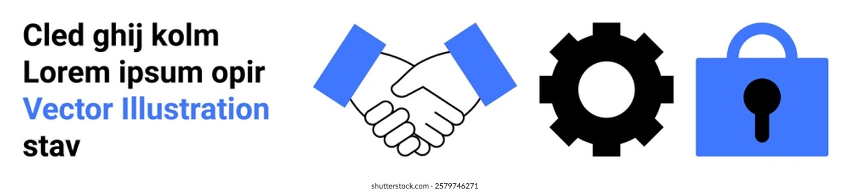 Black and blue handshake gear and lock icons convey themes of cooperation security technology teamwork, and trust Ideal for business security technology cooperation teamwork trust Banner for landing