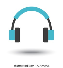 Black and blue headphone icon with shadow. Vector illustration
