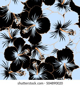 Black and blue hibiscus flowers seamless pattern.