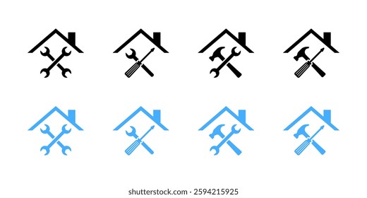 Black and blue house repair icons with tools for construction and maintenance. Vector icon