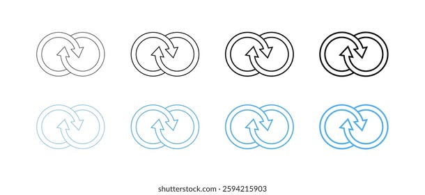 Black and blue interlocking arrows in circle symbol set on white background. Vector icon