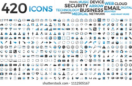 Black and blue internet web icons set on white background