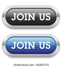 Black and blue join us button with metallic border on white background