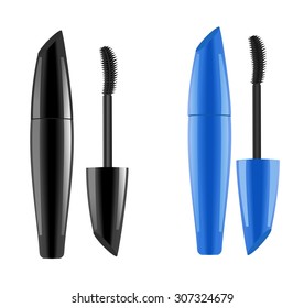  Black and blue lash mascara tubes with brush. Vector illustration