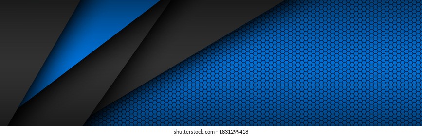 Black and blue layers above each other header. Modern material design with a hexagonal pattern. Vector abstract widescreen banner