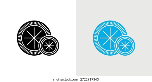 Iconos de rodajas de limón negro y azul mostrados en diferentes tamaños sobre un fondo blanco.