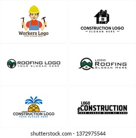 Black blue line art vector workers holding hammer illustration roof and pineapple combination logo design suitable for construction commercial reconstruction building company