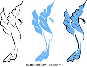 Black and blue linear silhouette image of birds on a white background,vector logo