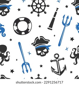 Black and Blue Marine and Nautical Themed Seamless Pattern Vector Template