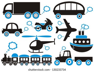 Black and blue means of transport icons. Easy to change color