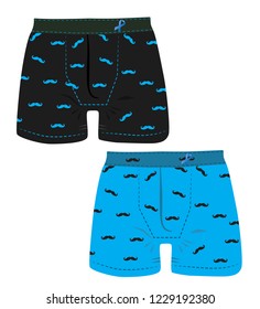 Black and blue men's underwear with a mustache pattern. Prostate Cancer awareness