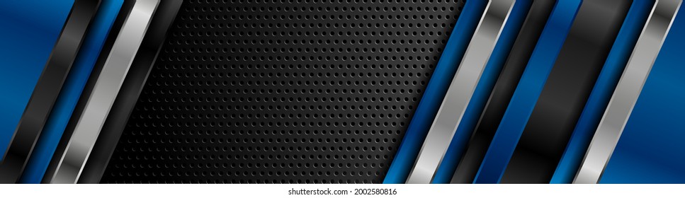 Black and blue metal stripes on dark perforated background. Vector hi-tech geometric design