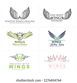 black blue navy gray  green pink circle oval initial W wings badge logo. design suitable for healthy healing medical resort 