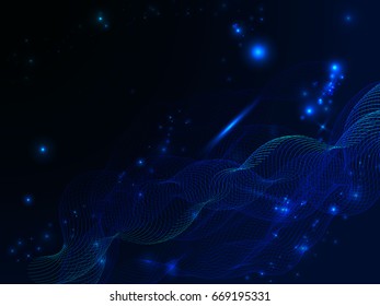 Black and blue neon abstract background with intertwined lines and luminous dots