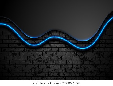 Olas de neón negro y azul sobre fondo de pared de ladrillo grueso. Concepto de diseño vectorial futurista