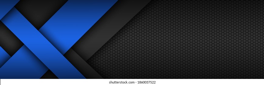 Schwarz und Blau überlagerte Pfeile sorgen für moderne Materialdesign-Header. Firmenbanner für Ihr Unternehmen. Abstrakter Vektorgrafik-Widescreen-Hintergrund