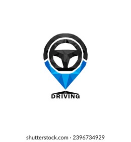 Black and blue pin on a white background, consisting of a polygon. Navigation, Travel and Driving digital concept. Steering wheel and location. Low poly vector illustration. 