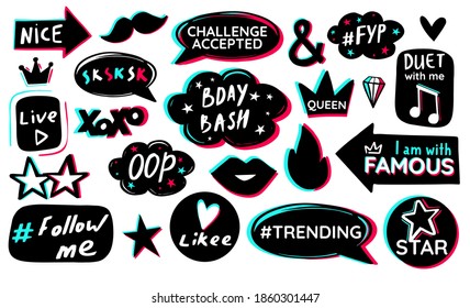 Black blue pink sticker pack white background. Modern music social media birthday celebration design. Icon fashion photo booth props. Vector graphic.