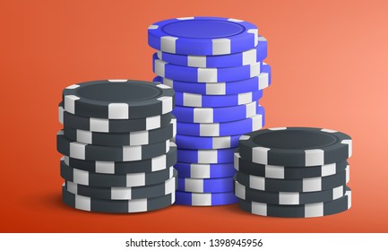 Black and blue poker chips stack. Casino concept. Vector illustration.