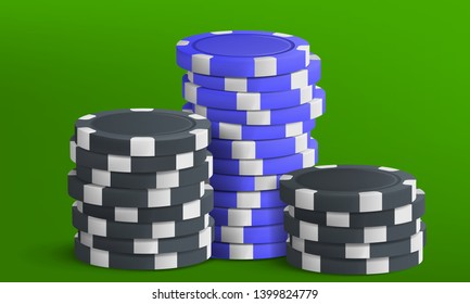 Black and blue poker chips stack on green background. Casino concept. Vector illustration.