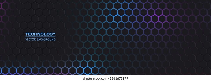 Black, blue and purple hexagonal technology abstract vector background. Futuristic modern technology wide banner. Horizontal honeycomb hexagon texture grid.