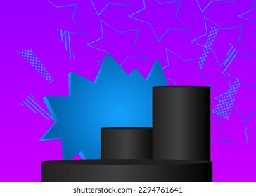 Schwarz, Blau und violett realistischer Vektorraum 3D. Abstraktes Zylinderpodium. Stage-Showcase, Produktpräsentation für die Präsentation. Szene mit minimalen geometrischen Formen.