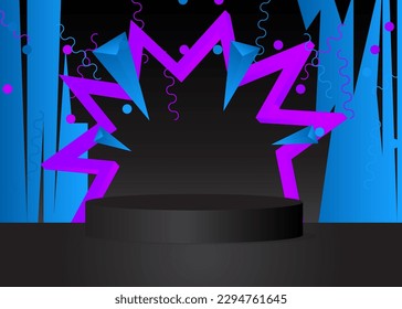 Black, Blue and purple realistic vector 3D room. Abstract cylinder pedestal podium. Stage showcase, mockup product display for presentation. Scene with minimal geometric forms.