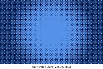 Black and blue radial bitmap texture. Abstract round dither pattern vector background. Glitch screen with flicker pixels dots effect. 8 bit pixel art retro design. Square dotted mosaic backdrop