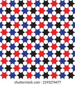 Black, blue and red abstract star shape pattern on white background. Monochrome modern backdrop design. Stars and hexagon interlocking pattern.