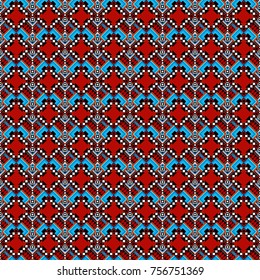 Black, blue and red ethnic geometric motif seamless pattern in black, blue and red on abstract background.