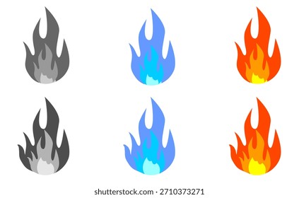 Schwarze, blaue und rote Feuerstelle. Karikatur-Feuer-Set
Feuerkomödie, Vektorgrafik des Feuerdesigns