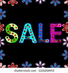 Black, blue and red friday, magic sale, logotype, print, text for sell out, clearance sale, closeout, promo of fashion, floristic. Seamless pattern. Vector of calligraphy summer sale, favourite brands