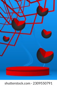 Black, Blue and red minimal geometric forms, empty scene. Abstract vector 3D room. Futuristic cylinder pedestal podium. Mockup product display. Stage showcase for presentation.