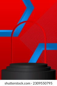 Black, Blue and red minimal geometric forms, empty scene. Abstract vector 3D room. Futuristic cylinder pedestal podium. Mockup product display. Stage showcase for presentation.