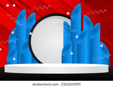 Black, blue, red and white stage showcase for presentation. Vector mockup product display. Minimal geometric cylinder pedestal podium.
