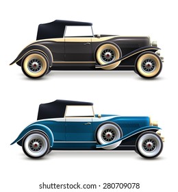 Black and blue retro car profile decorative icons set isolated vector illustration