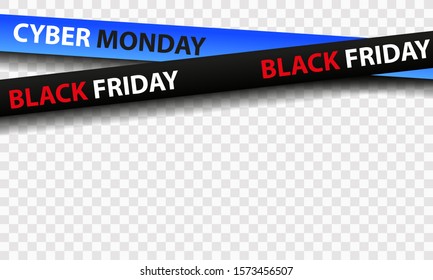 Black and blue ribbons for sale. Black friday, cyber monday, isolated on transparent background. Crossed ribbons. Graphic elements