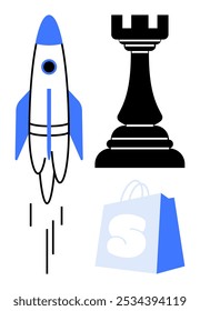 Black and blue rocket launching, large black rook chess piece and blue shopping bag. Ideal for technology, strategy, business, retail and innovation. Modern, clean vector