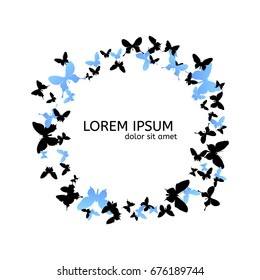 Black and blue round frame of butterflies. Vector illustration