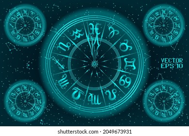 Schwarz-Blau-Rundrahmen mit Zodiac-Zeichen. Horoskop-Symbol. Panorama Himmelskarte der Hemisphäre. Helle Konstellationen auf Starry Night Hintergrund. Vektorgrafik. 3D-Illustration