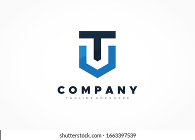 Black Blue Shield Military Letter T and V Logo. Flat Vector Logo Design Template Element.