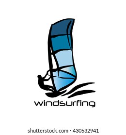 Black and blue silhouette of windsurfing man