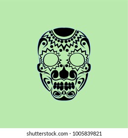 Black and blue skeleton head on green background