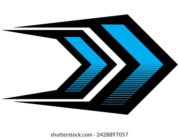 
Black and blue striped arrow on a white background. Pointer. Speed. Races Sports Design element for a sports car, boat, toy, sportswear. Vector background.