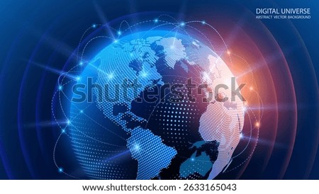 Black blue tech futuristic background. Abstract vector. Sunrise. Satellites and rockets in orbit of planet Earth. Plasma clot of energy. Glowing rays with flickering particles. Science and technology.
