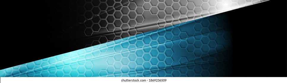 Banner brillante de tecnología azul y negro con textura de abeja. Fondo vector geométrico abstracto