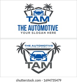 Black blue tree palm car shield symbol line vector logo design suitable for automotive selling car wash repaint service business transportation label