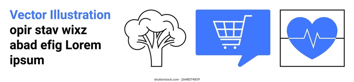 Black and blue tree, speech bubble with shopping cart, and heart with electrocardiogram line. Ideal for environmental themes, online shopping platforms, health and wellness topics, minimalistic